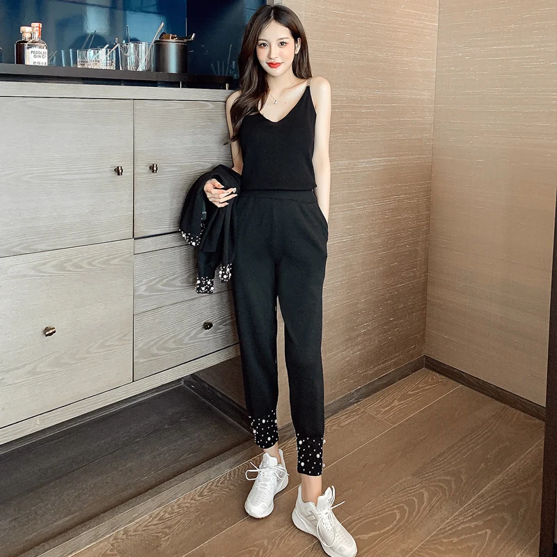 

Autumn Winter Women's Suit Knitted Beading Zipper Cardigans + Chain Vest + Pencil Pants Fashion Sports Tracksuit 3 Piece Outfit