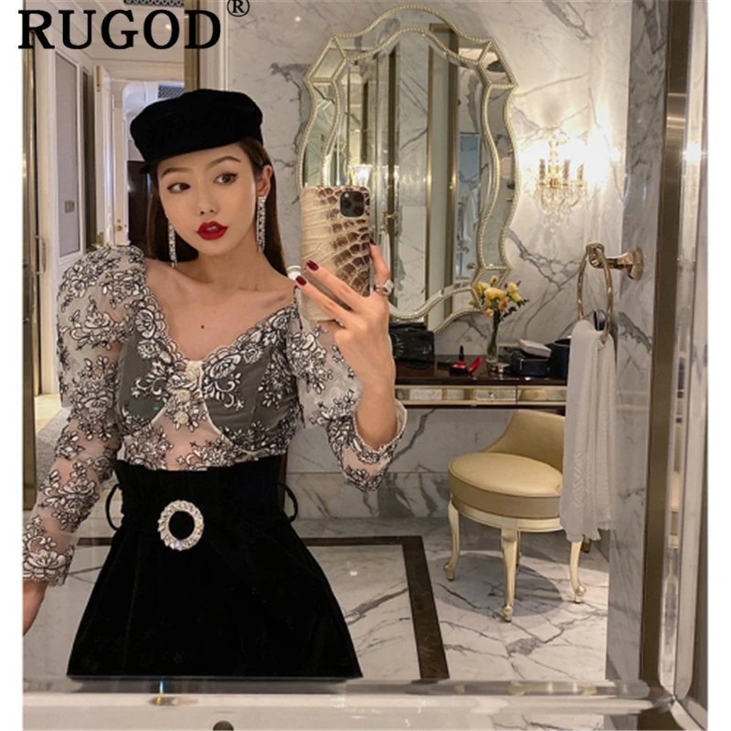 RUGOD Сексуальная кружевная женская блузка с вышивкой элегантная глубокий v