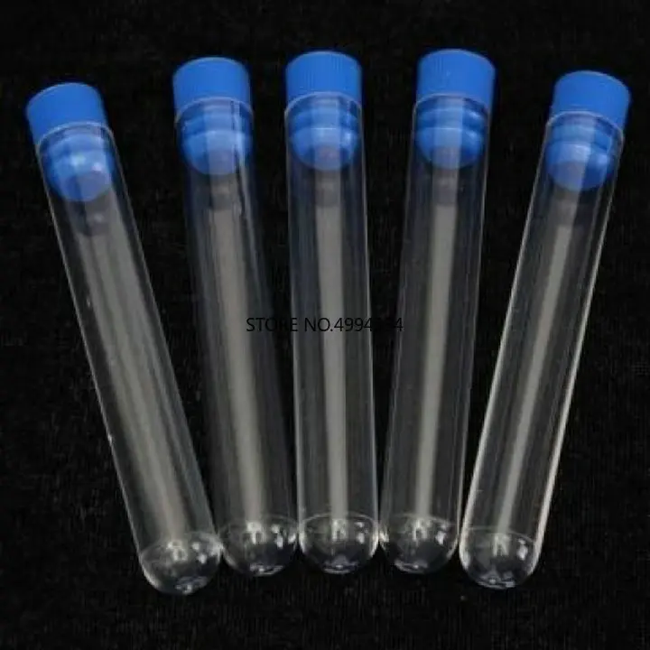 

200pcs Length 60/75/78/100/150mm Clear Plastic test tubes with plastic blue/red stopper push cap for experiments and tests