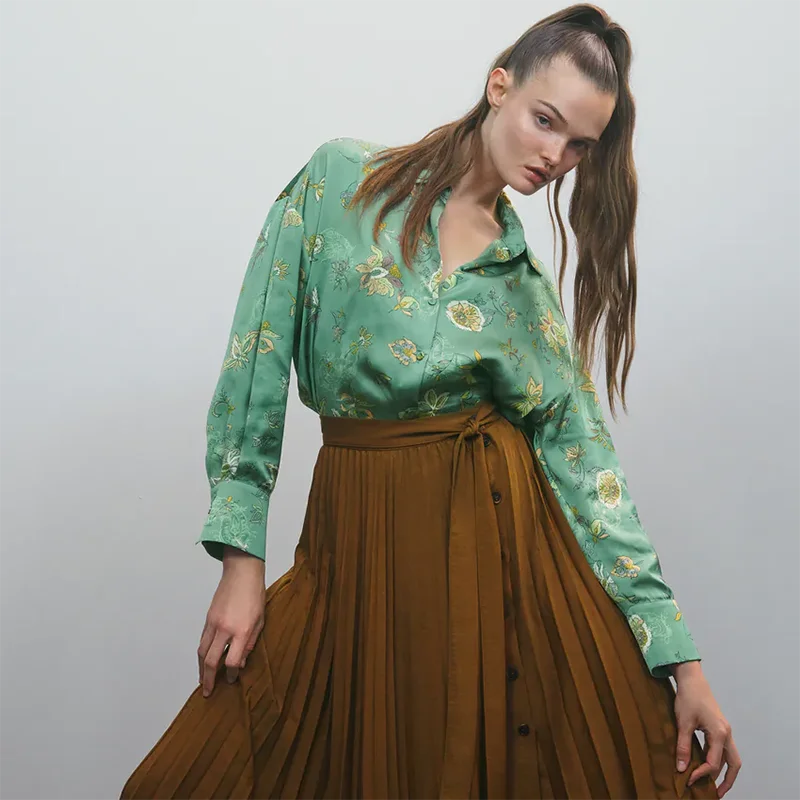 

Unizera 2021 Za Женская Новая Осенняя рубашка с отворотом универсальная женская Свободная рубашка с длинным рукавом и цветочным принтом на пугови...