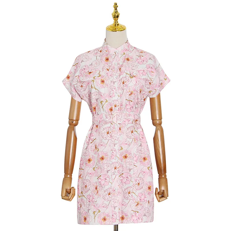 

Tooling Style Lapel Lace Up Dress Women's 2021 Spring and Summer New Retro Printed Waist Short Sleeve Shirt Dress Women