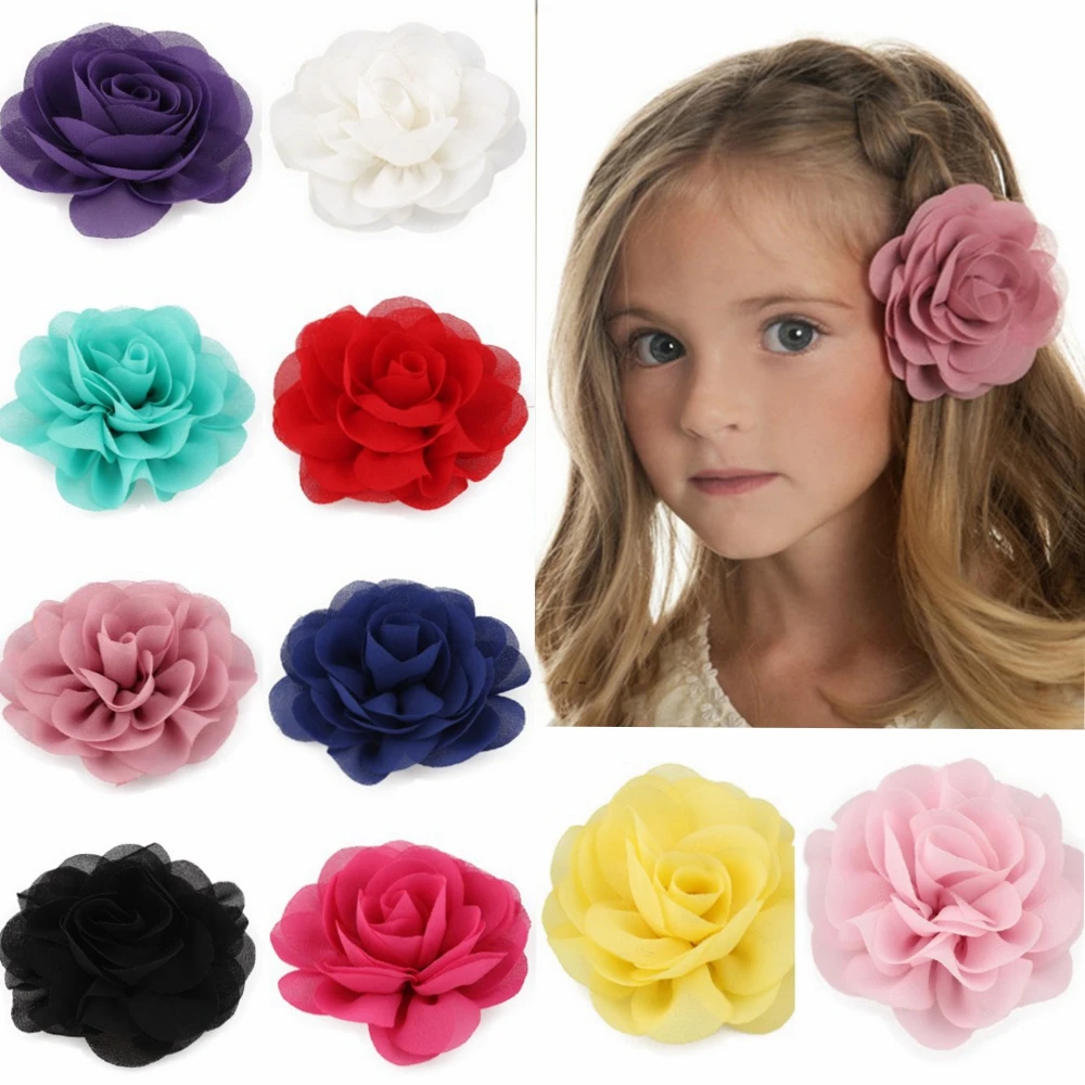 Retail 8.5cm Newborn Chiffon Petals Poppy Flower Hair Clips Rolled Rose Fabric Hair Flowers For Kids Girls Hair Accessories
