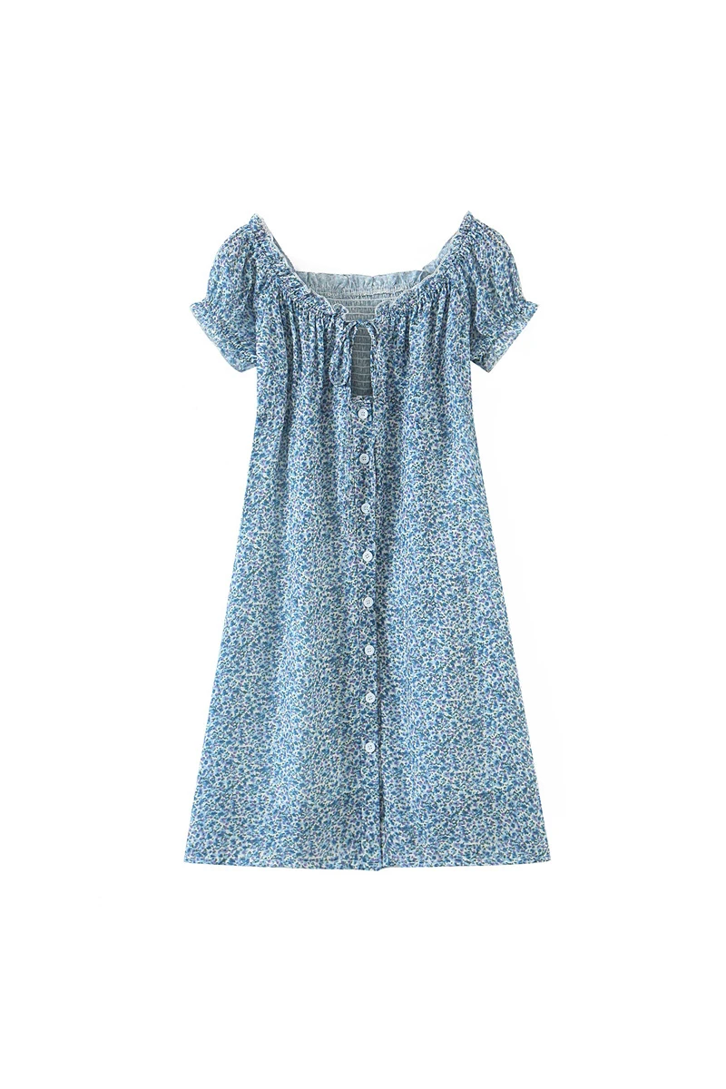 

French Lace Up Hollowed Out Single Breasted Platycodon Skirt Idyllic Blue Floral Holiday Skirt Bubble Sleeve Dress