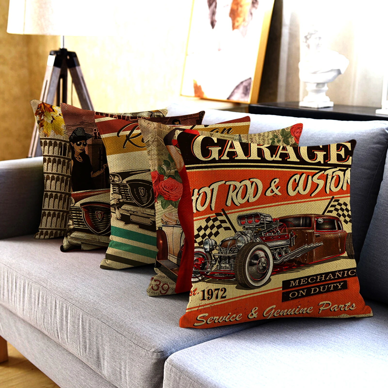 

Fuwatacchi Retro Car Print Decorative Pillow Case Buliding Motorcycle Linen Cushion Cover For Home Party Holiday DIY Decorations