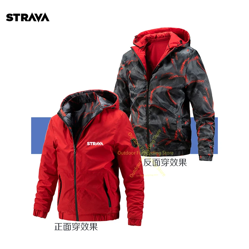 

Strava Cycling Jacket Winter Thermal Waterproof Men Coat Hooded Warm Reversible MTB Jackets Windproof Cycling Clothes Soft Shell