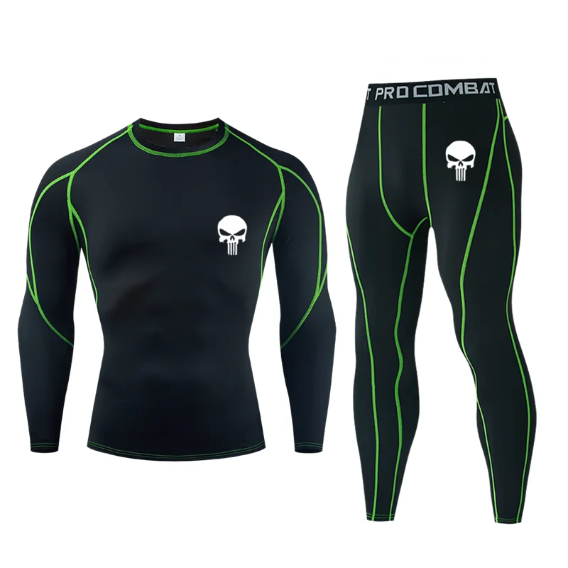 

Skull Men's Workout Sports Suit Gym Fitness Compression Spartan Clothes Running Jogging Sport Wear Exercise T-shirt+Leggings Set