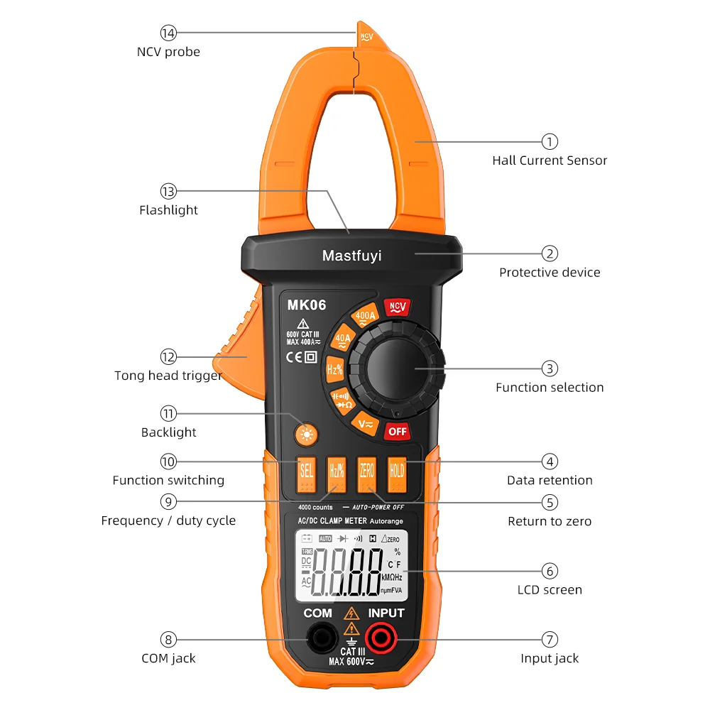 AC/DC Digital Clamp Meter T-RMS 4000 Counts Auto-ranging NCV AC DC Current Voltage Resistance Capacitance Frequency Multimeter |