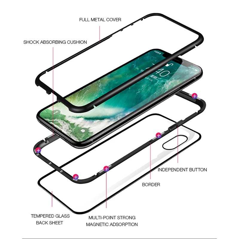 Магнитный адсорбционный металлический чехол на iPhone X XR XS MAX защитный чехол для iPhone 6 6s 7 8 Plus чехол из закаленного стекла