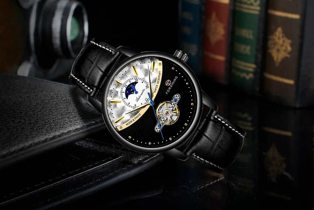 Классические Механические часы Forsining Blue Moon Phase, автоматические турбийон, мужские часы из натуральной кожи, мужские часы, Прямая поставка