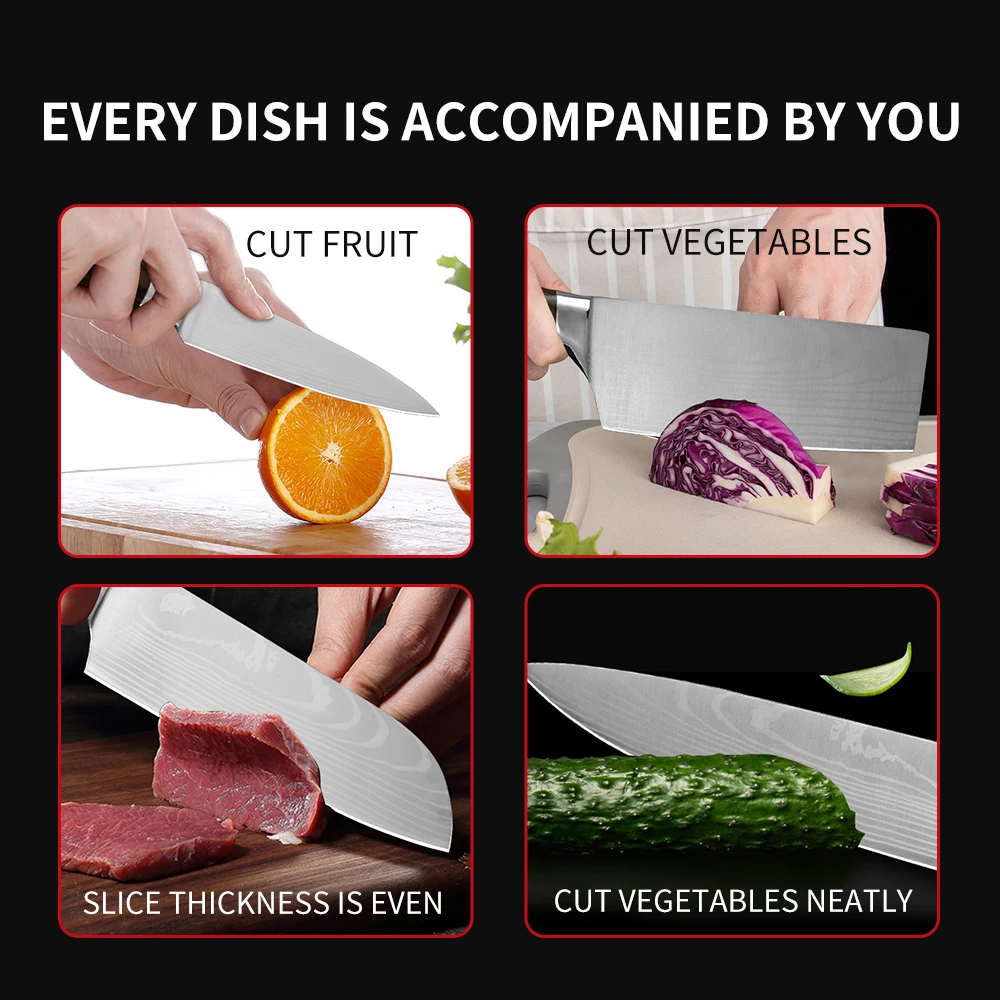 

XYj 9pcs Stainless Steel Knives Set Damascus Veins Pattern Blade Wood Handle Knife Meat Fish Vegetable Cooking Accessory Tools