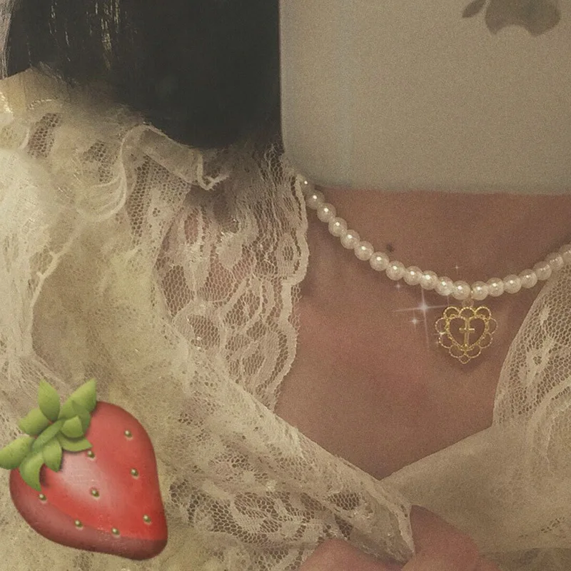 С жемчугом в виде сердца крест Колье Love Neckle Винтаж 90s Стиль эстетический Harajuku Tumblr