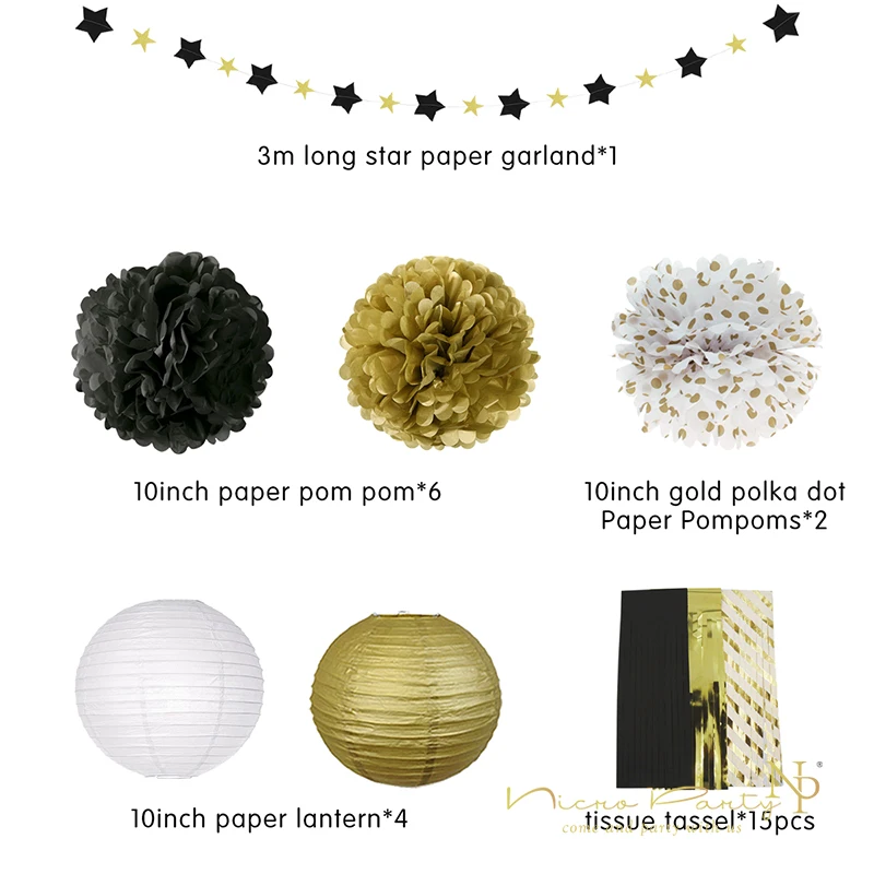 

Nicro 28 Pcs/set Gold Paper Pompoms Graduation Decorative Black Star Banner Tassels for Boy's Birthday Party Supplies