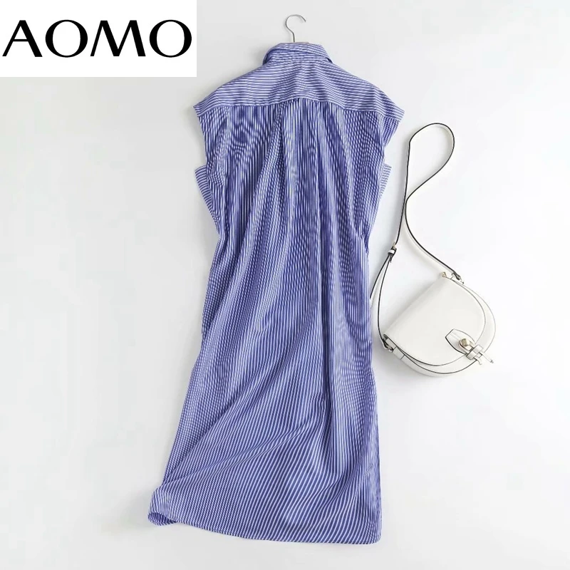 

AOMO 2021 Summer Women Blue Striped Print French Style Oversized Dress Ladies Sundress 4C121A