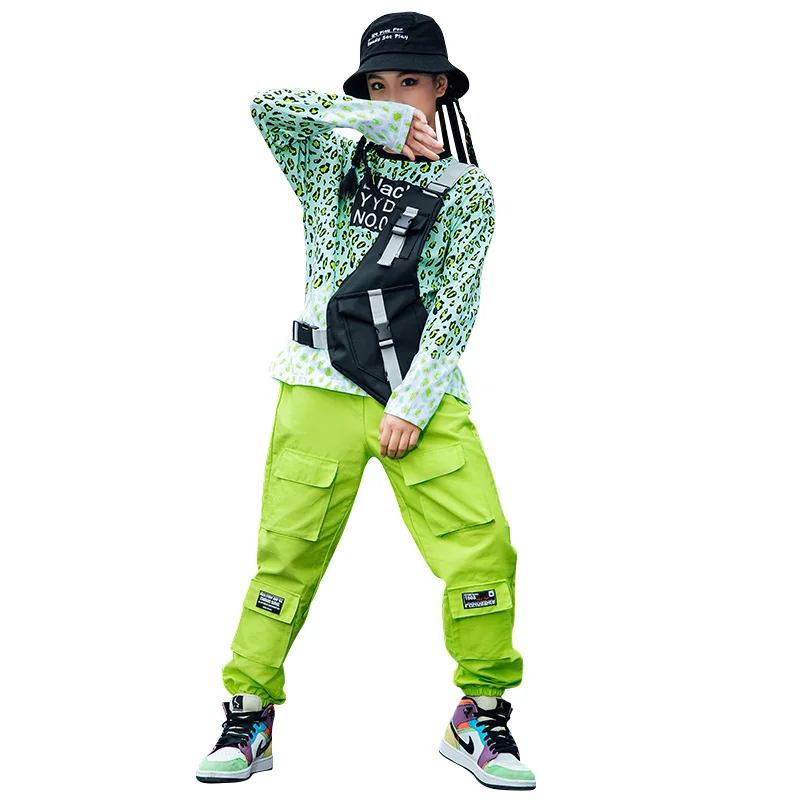 

2020 Hip Hop Costume Girls Long Sleeve Tops Green Leopard Print Trend Hip Hop Boys Street Dance Costume Stage Jazz Show Wear