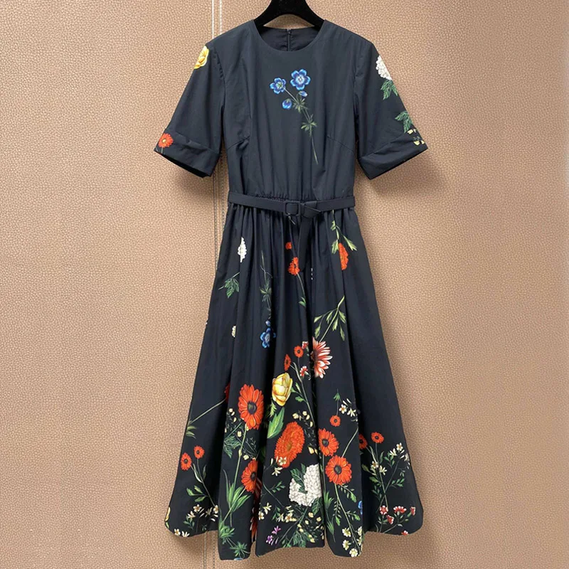 Женское платье из чистого хлопка черно-белое с коротким рукавом и принтом двух