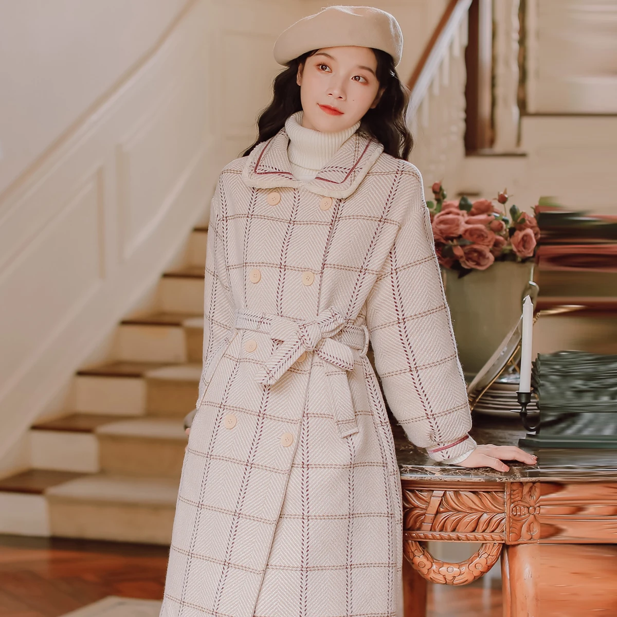 

2020 new fashion women's clothing Turn-down Collar Double Breasted Plaid Long Full coat wool coat