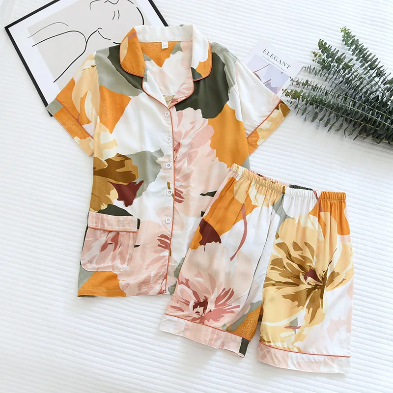 

Flower Printed Women's Cotton Pajamas Shorts New Summer Thin Home Suit 2Pcs Short Sleeve Pyjamas Women Plus Size Lounge Homewear