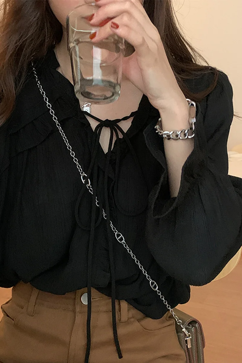 Женская кружевная рубашка с V-образным вырезом длинным рукавом | одежда