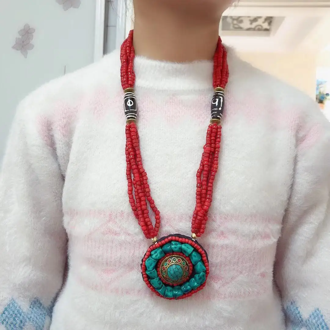 

NK238 Ethnic Tibetan Turquoises Dzi Bead 65mm Big Round Pendant Necklace Tribal Long Necklace
