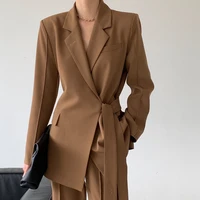 spring and autumn new minimalist style solid color loose tie waist thinner in the seam wild pit strip suit jacket women