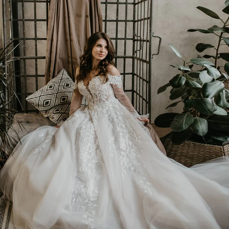 

Vestido De Noiva Off the Shoulder Sweetheart Beach Wedding Dresses 2022 Luxury Long Puff Sleeves Princess A-Line Bridal Gowns