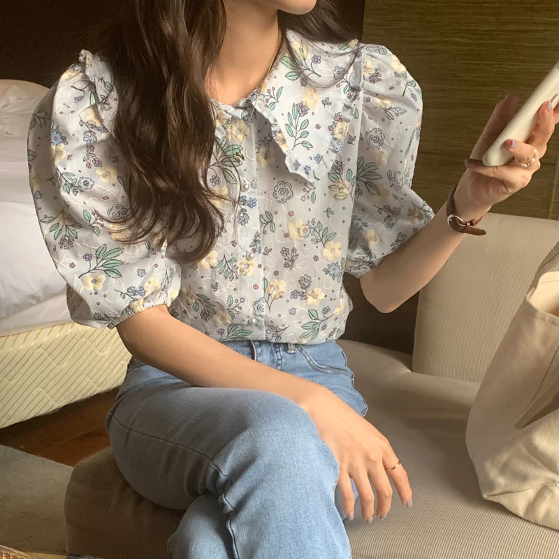

Summer Lace Peter Pan Collar Florals Chic 2021 Femme Embroidery Printing Shirts Casual All Match Sweet Loose Blouses