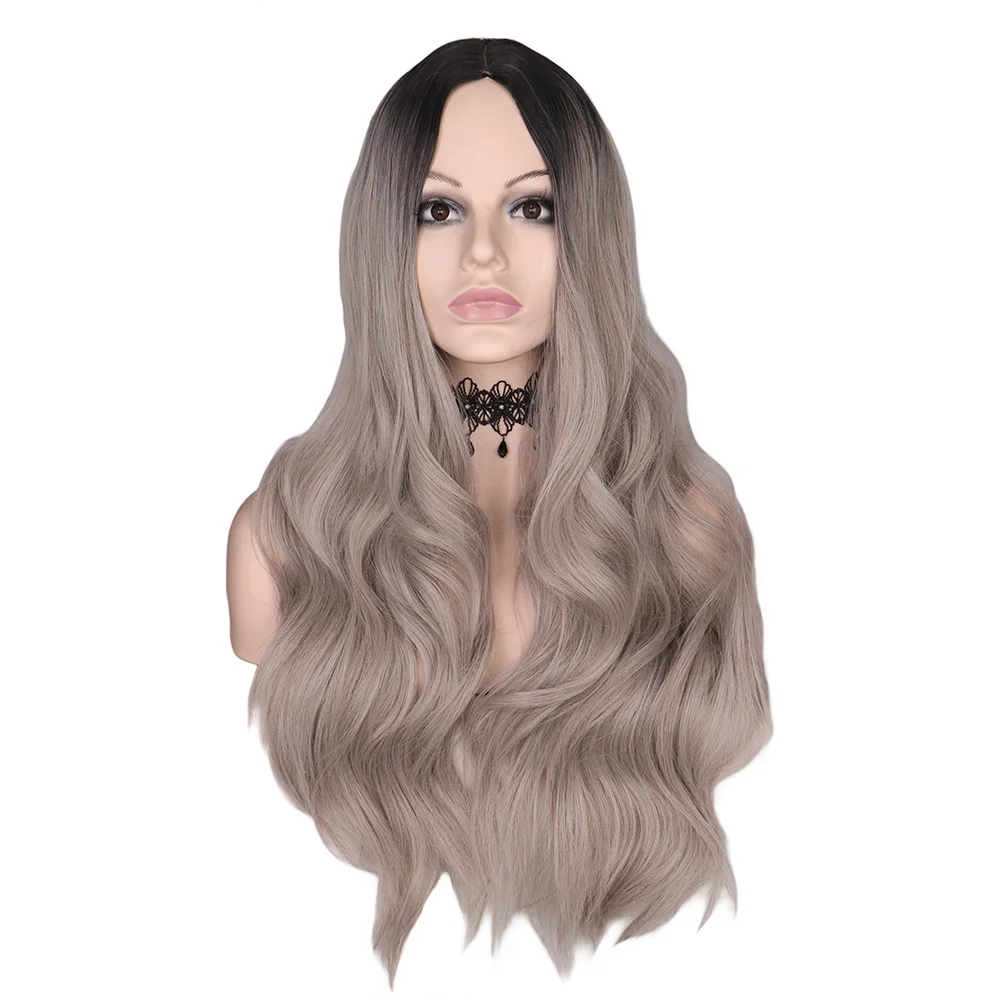 WHIMSICAL W Long Wavy Ombre Black Gray Mixed Blonde Wigs Natural Middle Part Heat Resistant Hair Synthetic Wig for Women