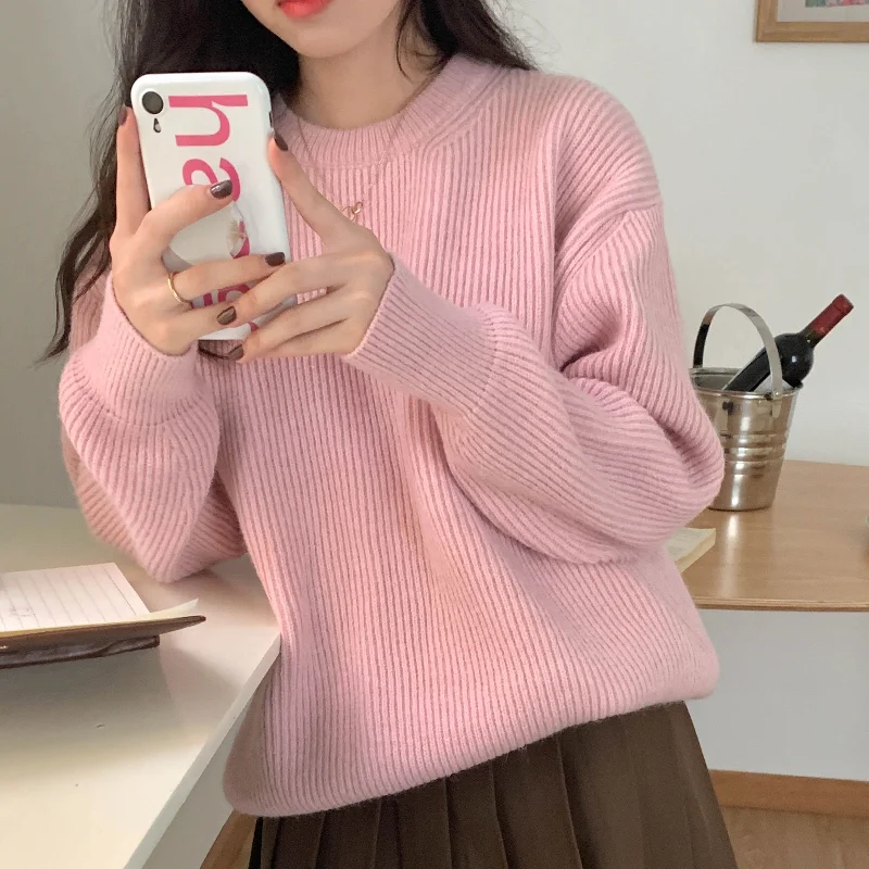 

Женский трикотажный пуловер с длинным рукавом, Розовый Повседневный базовый свитер в Корейском стиле для осени и зимы