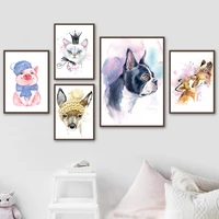 watercolor painting cartoon animals cat dog fox pig deer wall art canvas posters and prints wall decor pictures for kids room