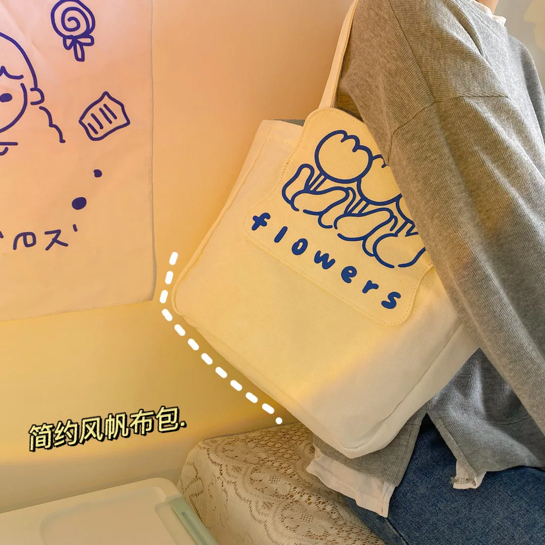 

Large Capacity Canvas Shoulder Bag Harajuku Cartoon Print Canvas Handbag Women Beach Bag Travel Storage Bag