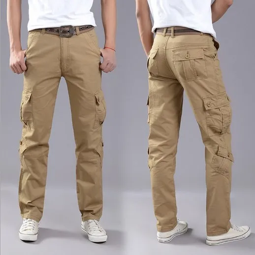 

Mens Streetwear Cotton Cargo Pants with Many Side Pockets Big Size for Men Casual Long Tactical Trousers Black Khaki Brown