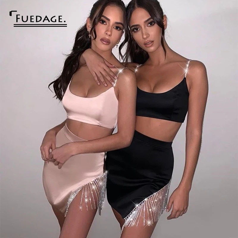 Fuedage атласная Клубная вечерние комплект из двух частей с кисточками облегающие