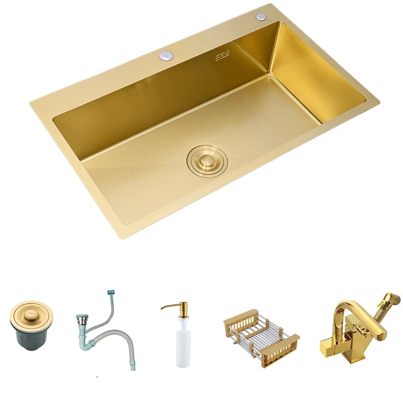 

Brushed Gold Kichen Sink 304 Stainless Steel Kitchen Sink Single Bowl Above Counter or Udermount Thickness Kitchen Basin Sinks
