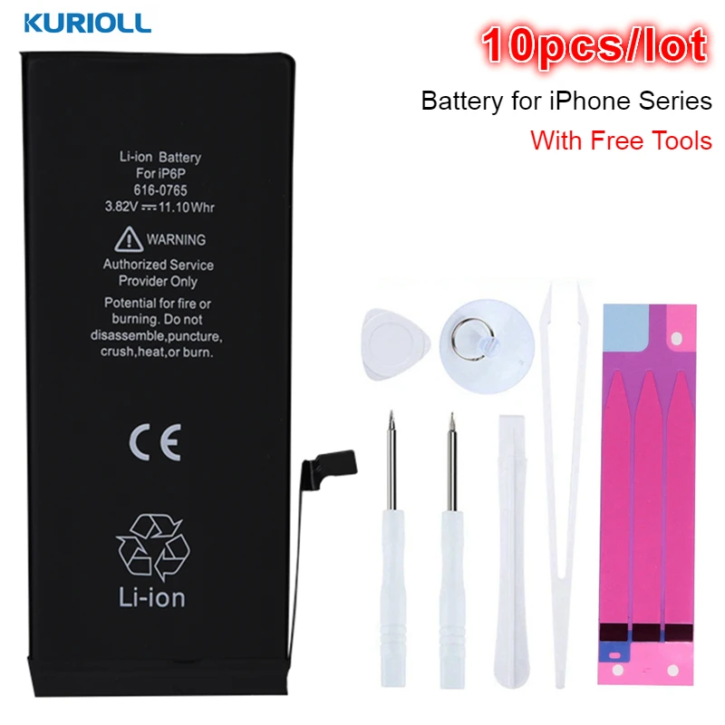 Kurioll 10 шт./лот батарея для телефона iPhone 6 6S 7 8 Plus Замена реальная емкость Bateria XS Max X XR
