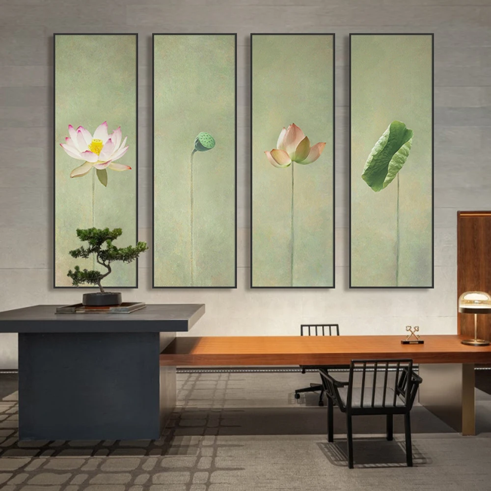 

Chinese Style Flower Green Plants Canvas Decorative Painting Lotus Flower Landscape Poster Bedroom Wall Art Pictures Home Decor