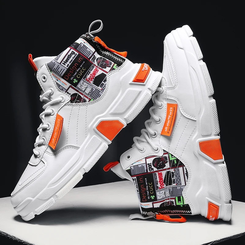 

Leather Casual Men's Shoes High Top Mixed Colors Men Sneakers Graffiti Breathable Male Footwear Autumn Increase Board Tide Shoes