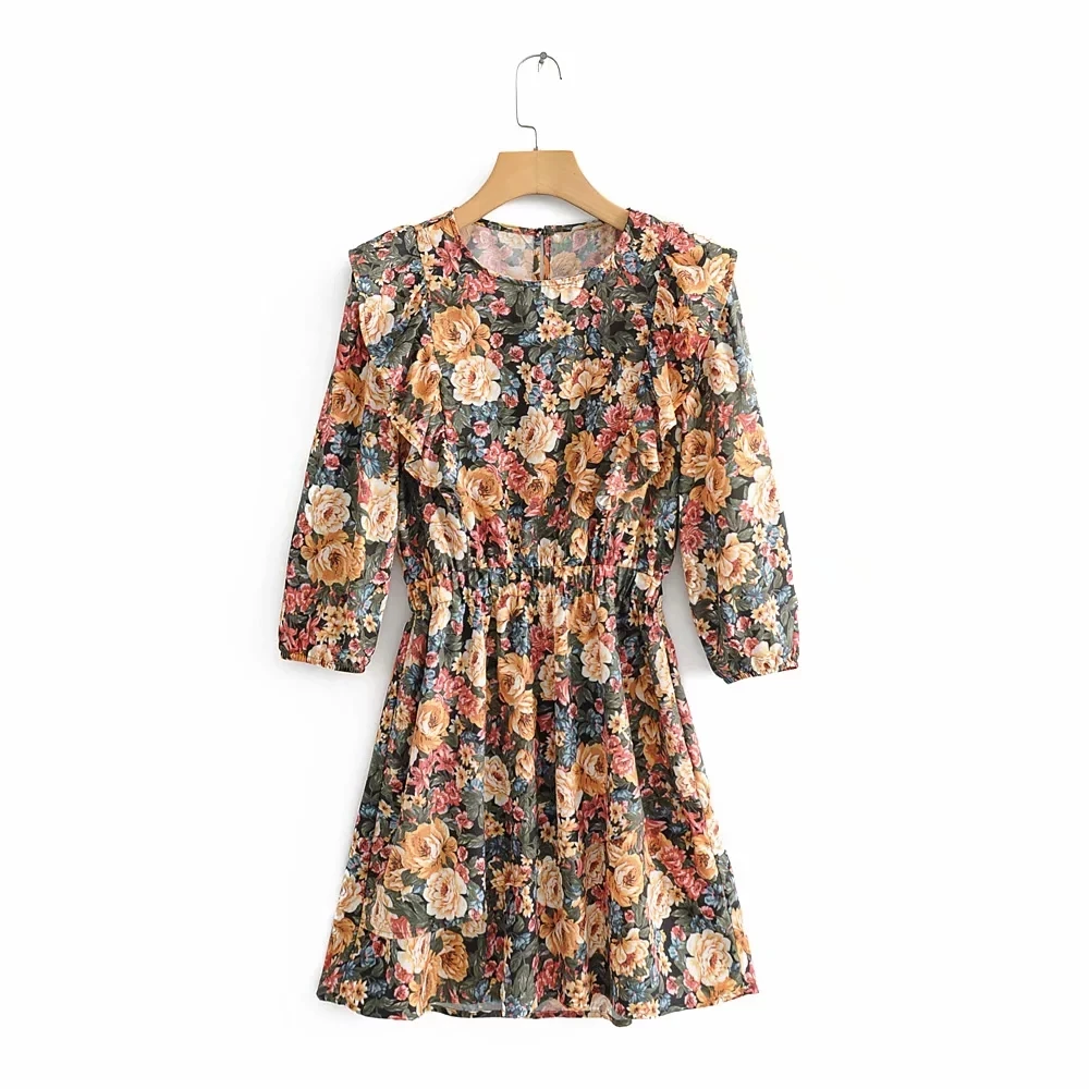 2019 женское винтажное Плиссированное мини платье с принтом и оборками женские