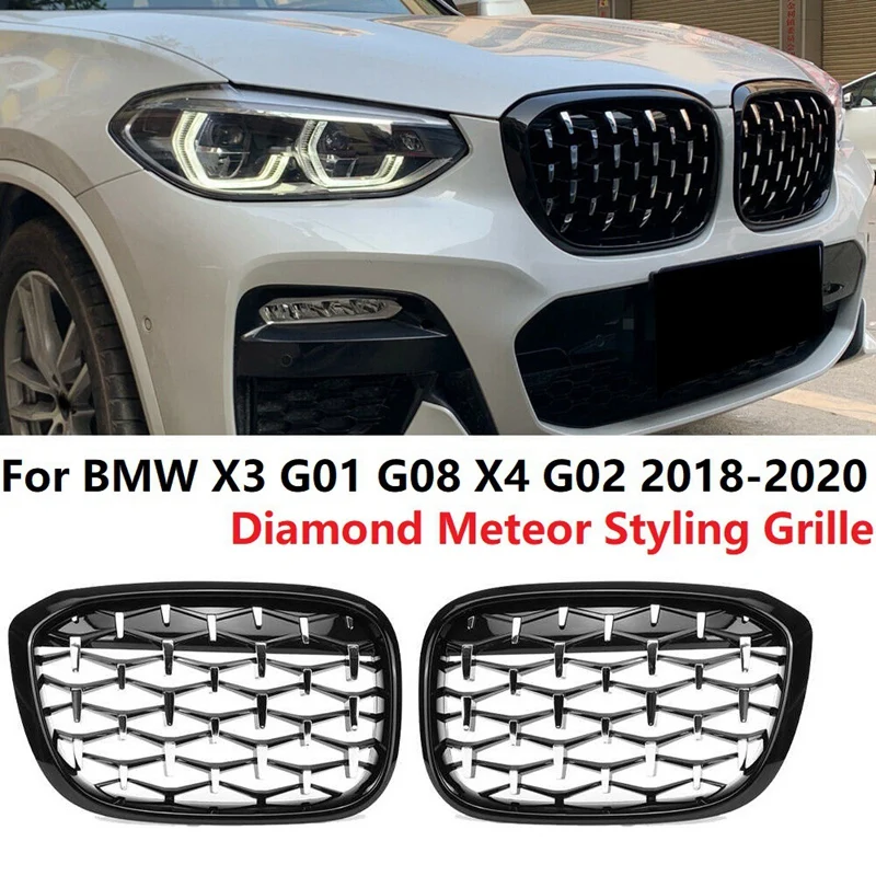 

Новые алмазные решетки в стиле метеорита, сменная решетка, автомобильный передний бампер, решетка для-BMW X3 X4 G01 G08 G02 2017-2020, черный + серебристы...