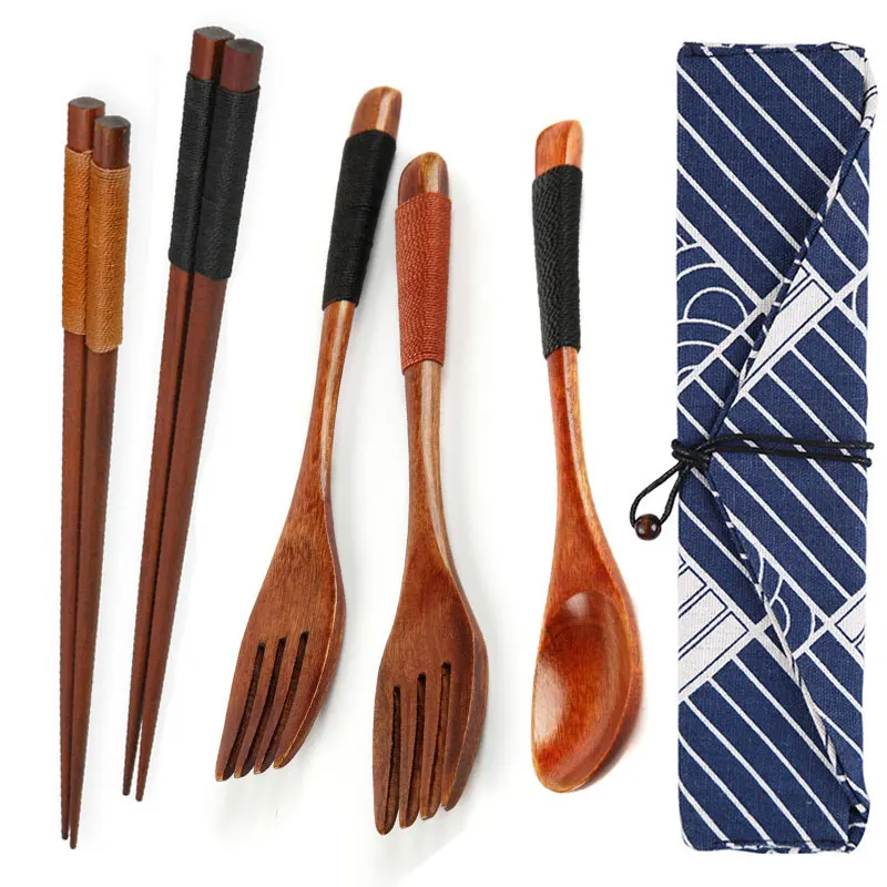 

Japanese Style Wooden Cutlery Sets Useful Spoon Fork Chopsticks Travel Gift Dinnerware Suit Portable Tableware With Cloth Bag