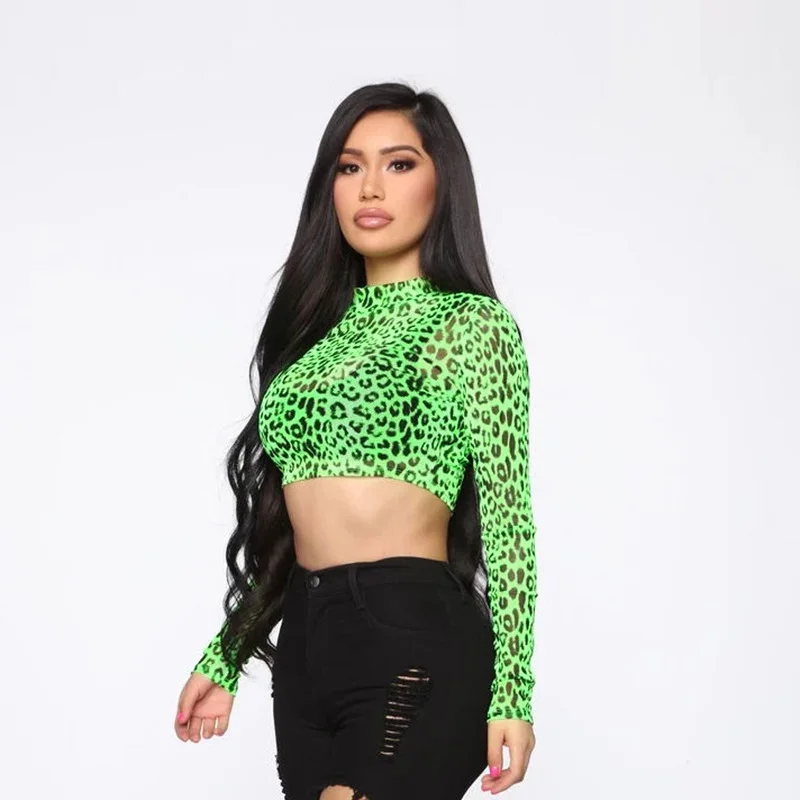 Футболка с леопардовым принтом и сеткой пикантная женская короткая укороченная