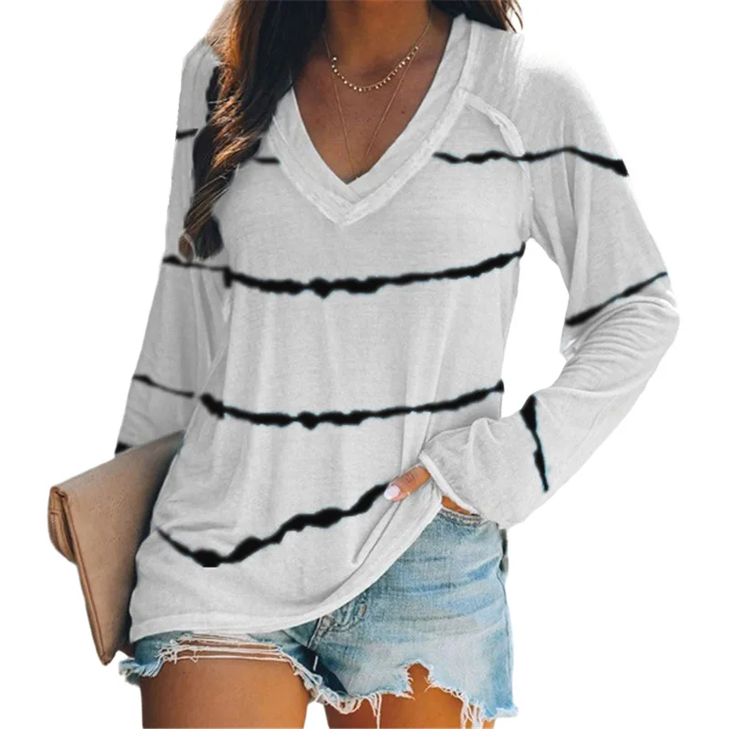 

Spring, Autumn and Winter European and American Women's Clothing plus Size Tie-Dyed Striped Printed V-neck Long-Sleeved T-shirt