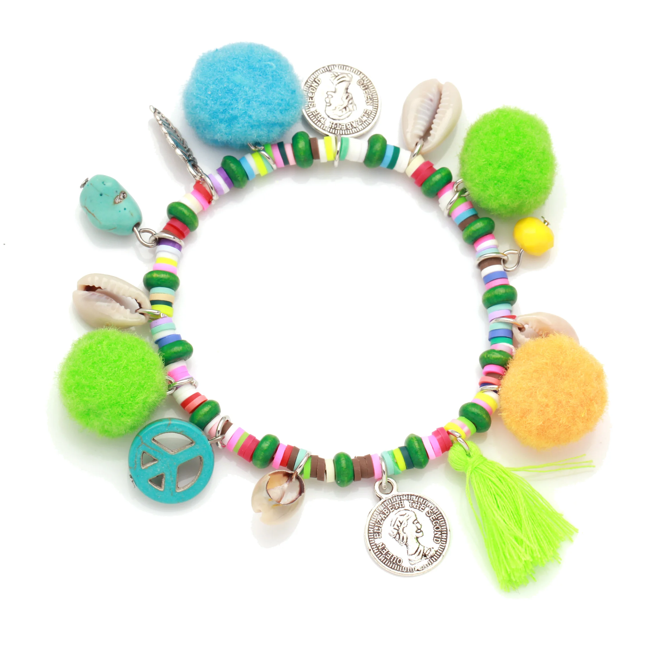 Boho Cowrie ракушка из полимерной глины Heishi символ мира эластичный браслет для женщин
