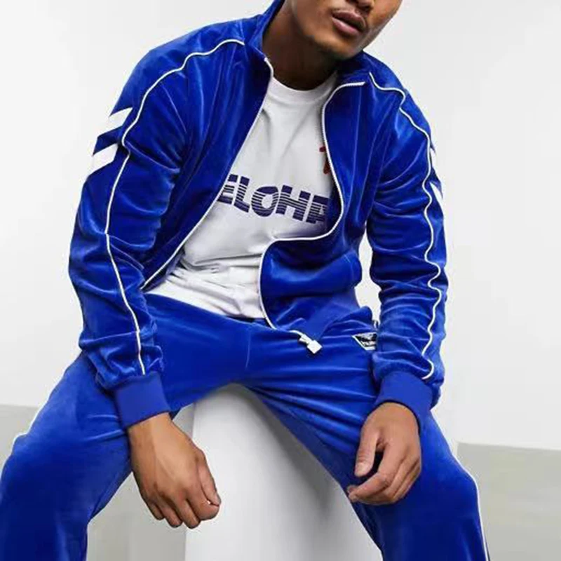 

New 2020 men's casual sports blue velvet stitching fashion trend suit European and American men's two-piece suit