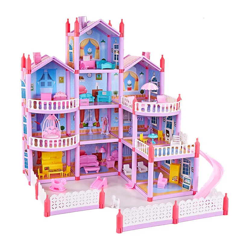 

Princess Big Villa DIY Dollhouses Pink Castle Play House With Slide Yard Kit Assembled Doll House Toys For Girls Children Gifts
