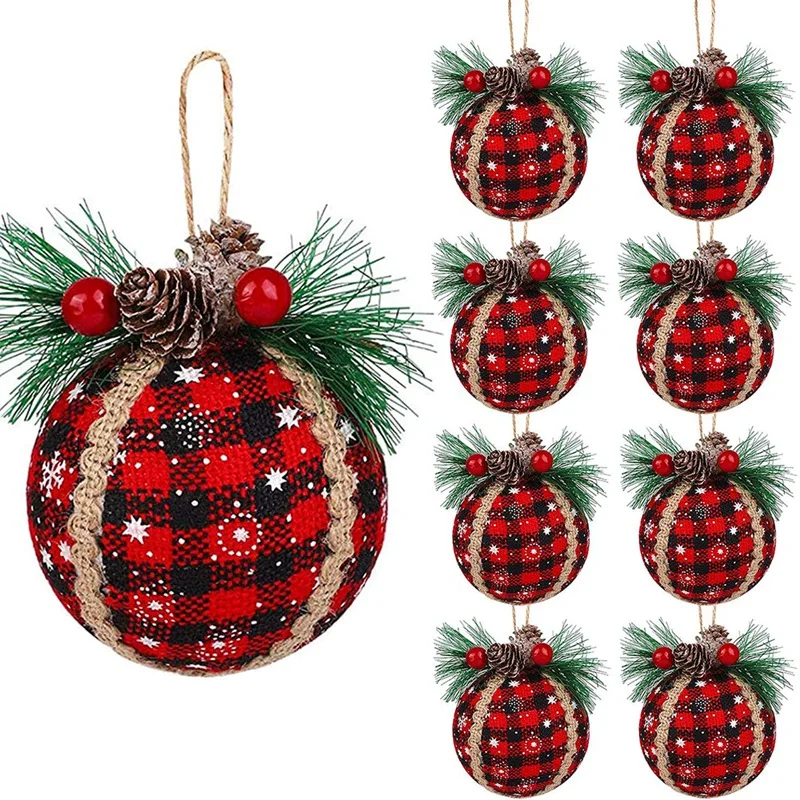 

9PCS Christmas Plaid Ball Ornaments - 3 Inch Red Buffalo Plaid Fabric Ball Christmas Tree Hanging Ball Ornaments