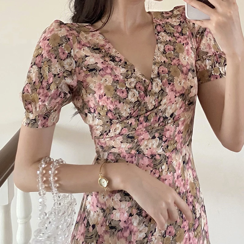 

Long Floral Vintage Chiffon Women Dress Summer 2020 Runway Elegant Slim Party Dress Bohemian Korean Tropical Vacation Dress New