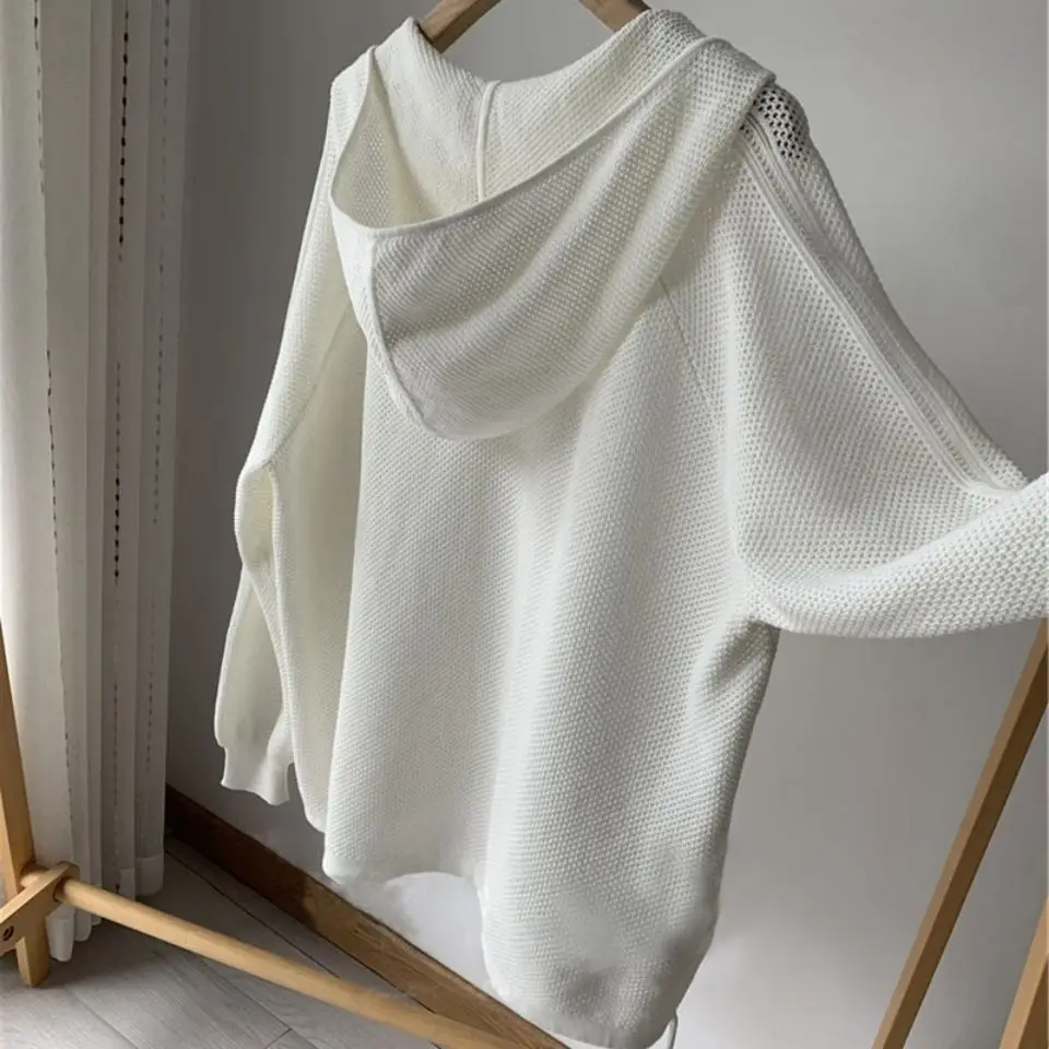 

2021 Spring Causal Hollow-out Hooded Sweater Coat Causal Long Sleeve Oversized Knitted Tops New Pullover Jumper