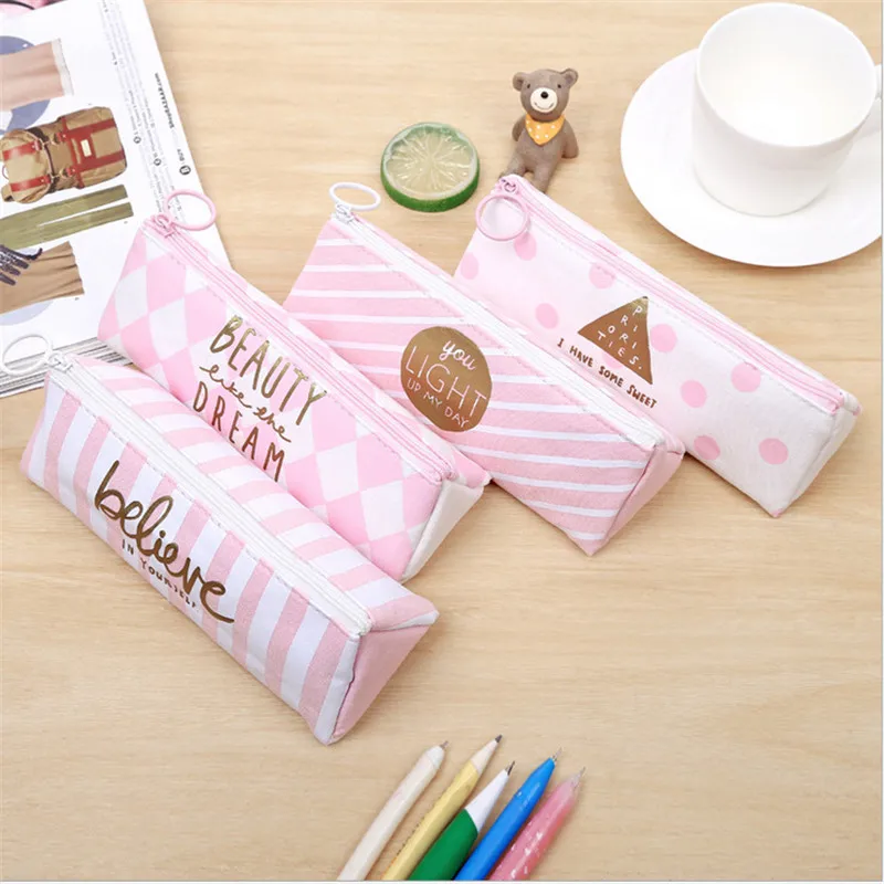 Пенал тканевый треугольный для девочек чехол школы креативный розовый прочный
