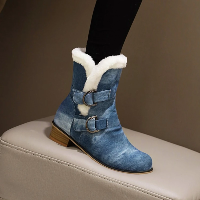 ASILETO Winter Warm Mid-Calf boots Round toe Block Heels Denim Buckle Strap Ethnic Big size 34-48 Black Blue Navy Casual A3165 | Обувь