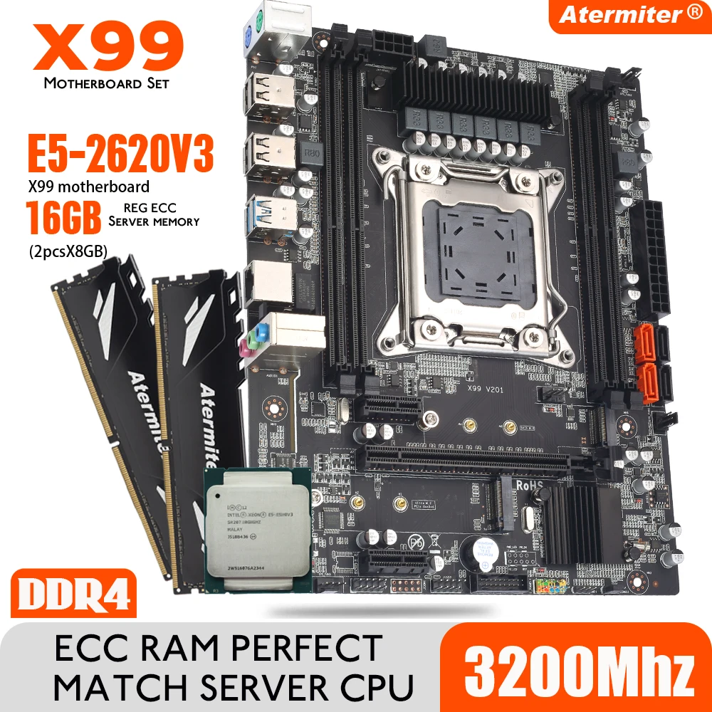 x99 комплект Atermiter X99 PC4 Игровая материнская плата для ПК Xeon E5 2620 V3 LGA2011 3 CPU 2pcs X 4GB = 8GB